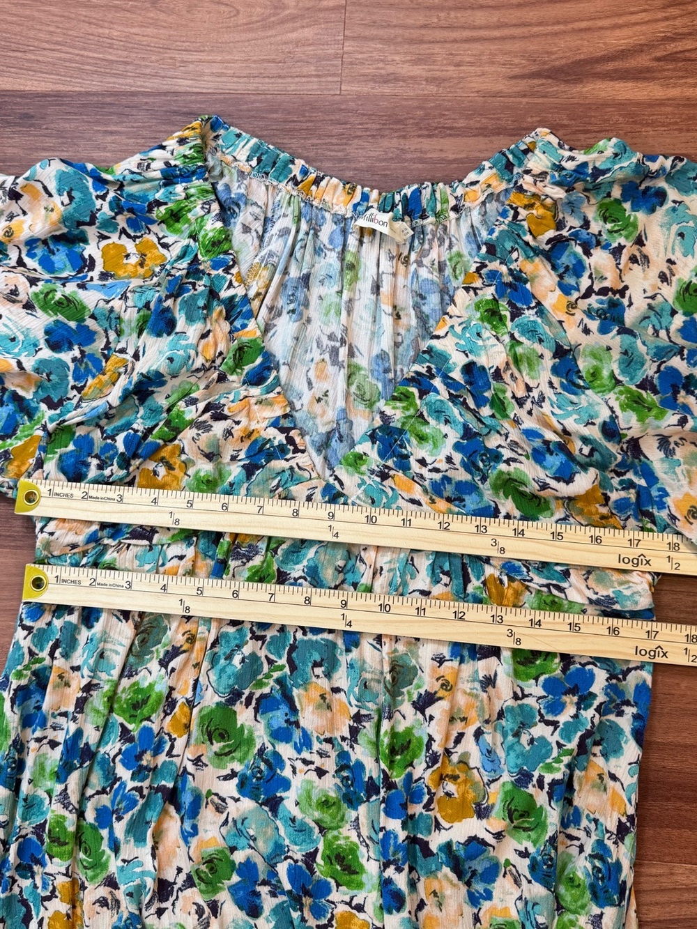 Millibon Floral V-Neck Short Sleeve Flowy Midi Dress in Blue & Green size L - Picture 9 of 9